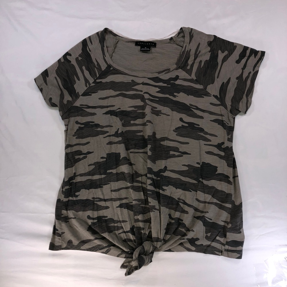 Sanctuary Womens Camo Print Tie Front Short Sleeve Top Green Brown Medium